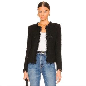 IRO Black Bouclé Tweed Frayed Edge Jacket Women’s Small | Collarless Moto Style